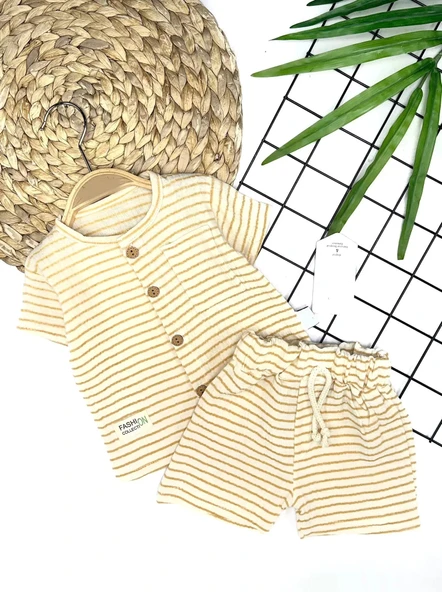 LitaeTrend 9-12-18-24 Ay Düğme Detaylı Çizgili Müslin Kumaş Yazlık 2li Erkek Bebek Takımı ürün görseli 1