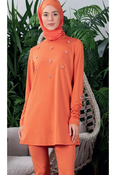 SW36.256 MOODBASİC KOLLARI BÜZGÜLÜ TAŞLI TESETTÜR MAYO ürün görseli