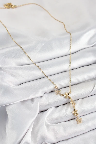 316L Çelik Zirkon Taşlı Çiçek Model Gold Renk Kadın Kolye - TJ-BKO10407 - Resim 2