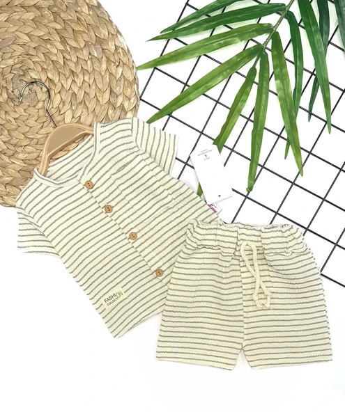 LitaeTrend 9-12-18-24 Ay Düğme Detaylı Çizgili Müslin Kumaş Yazlık 2li Erkek Bebek Takımı ürün görseli 1