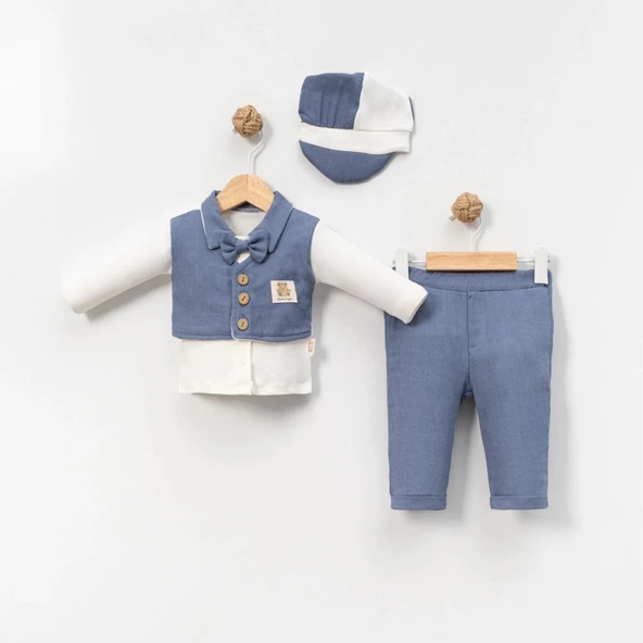 LitaeTrend 6-9-12-18 Ay Yelek Detaylı Kasketli Uzun Kollu Mevsimlik 3 Lü Erkek Takımı ürün görseli 1