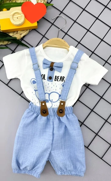 LitaeTrend 9-12-18-24 Ay Papyon Detaylı Keten Şort Salopet Tişörtlü 2li Erkek Bebek Takımı ürün görseli 1