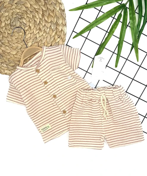 LitaeTrend 9-12-18-24 Ay Düğme Detaylı Çizgili Müslin Kumaş Yazlık 2li Erkek Bebek Takımı ürün görseli 1
