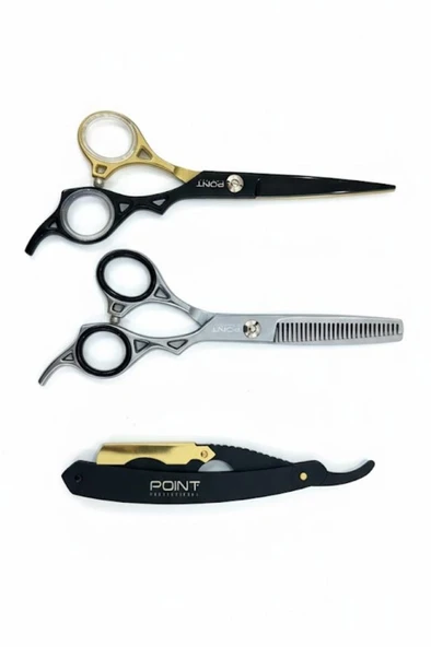 Point Profesyonel Çantalı 3'lü 6 İnç Düz Makas Ara Makas Ustura Seti Black Gold Siyah Altın - Resim 2