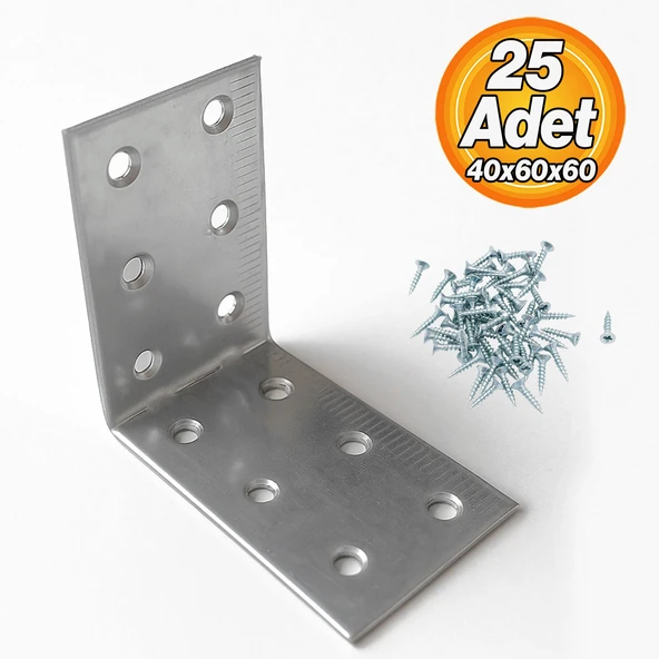 L Demir Gönye (25 ADET) 40x60x60 mm Metal Mobilya Bağlantı Aparatı Raf Köşe Sabitleme Demiri - Resim 2
