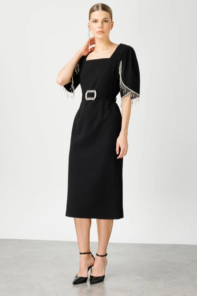 6565 MODAİLGİ KOLLARI ŞERİT AKSESUARLI ELBİSE - Resim 4