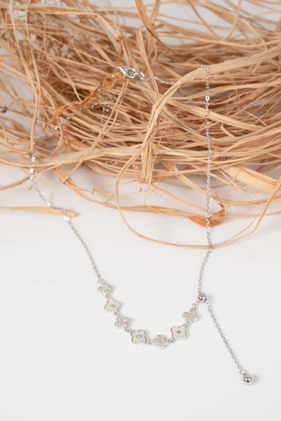 925 Ayar gümüş rodyumlu sedef ve zirkon taşlı asansörlü yedili yonca kolye  SGTL13090RODAJ - Resim 4