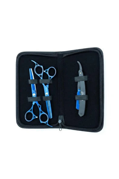 Point Profesyonel Çantalı 3'lü 6 İnç Düz Makas Ara Makas Ustura Seti Blue Mavi ürün görseli