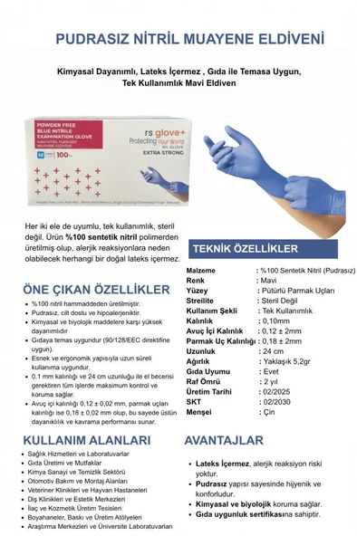 Pudrasız Nitril Muayene Eldiveni Kimyasal Dayanımlı Lateks İçermez Gıdaya Uygun Tek Kullanımlık Mavi Eldiven - Resim 4