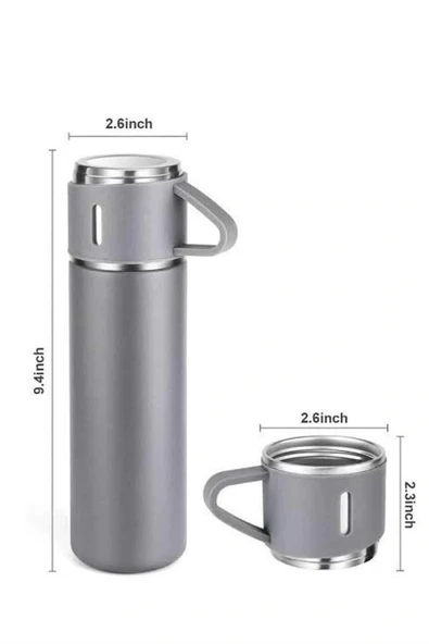 LitaeTrend Termos Seti Paslanmaz Çelik 3 Bardaklı Vakumlu Termos Set 500 Ml 12 Saate Kadar Isı Koruma - Resim 3