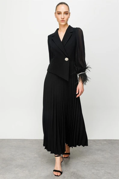 6589 MODAİLGİ PLİSE DETAYLI MANŞETİ OTRİŞLİ UZUN ELBİSE ürün görseli