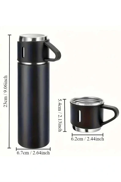 LitaeTrend Termos Seti 3'lü Bardak Seti Isı Dayanıklı Siyah Paslanmaz Çelik Vakumlu - Resim 4