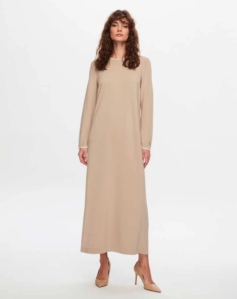 T24Y-4009 MISSDALIDA YAKASI VE BİLEĞİ ÇİZGİ ELBİSE - Resim 4