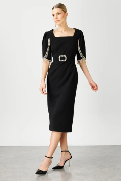 6565 MODAİLGİ KOLLARI ŞERİT AKSESUARLI ELBİSE - Resim 3