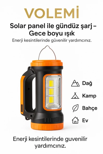 Volemi V-003 Güneş Enerjili Şarjlı Kamp Lambası (3 W + 15 W) Uzun Menzilli Acil Durum Feneri - Resim 3