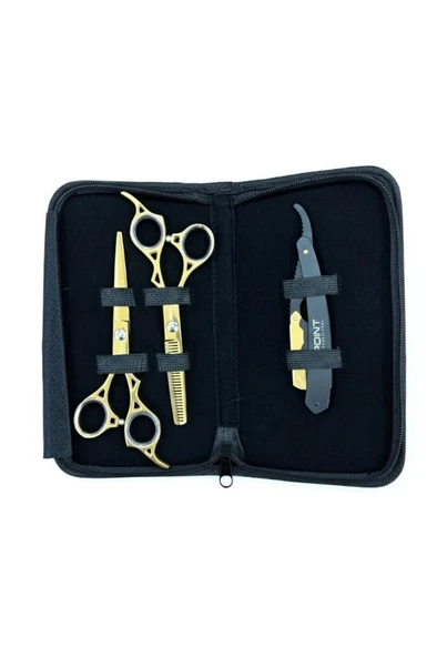 Point Profesyonel Çantalı 3'lü 6 İnç Düz Makas Ara Makas Ustura Seti Gold Altın ürün görseli