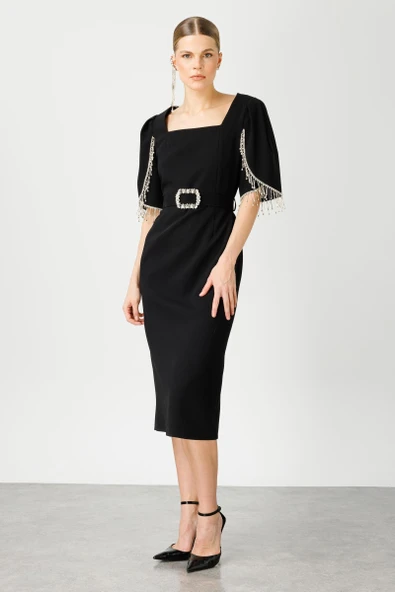 6565 MODAİLGİ KOLLARI ŞERİT AKSESUARLI ELBİSE - Resim 2