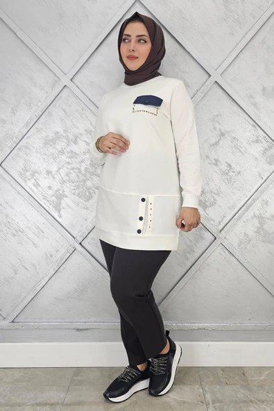 KADIN DÜĞME VE CEP GÖRÜNÜM DETAYLI TESETTÜR TUNİK - Resim 3