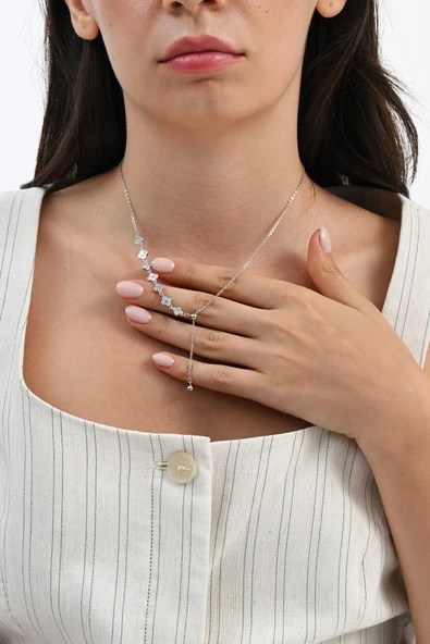 925 Ayar gümüş rodyumlu sedef ve zirkon taşlı asansörlü yedili yonca kolye  SGTL13090RODAJ - Resim 3