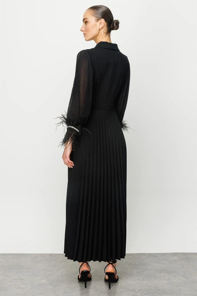 6589 MODAİLGİ PLİSE DETAYLI MANŞETİ OTRİŞLİ UZUN ELBİSE - Resim 5