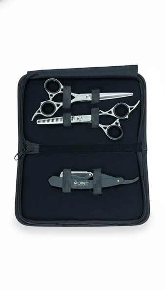 Point Profesyonel Çantalı 3'lü 6 İnç Düz Makas Ara Makas Ustura Seti Silver Gümüş ürün görseli