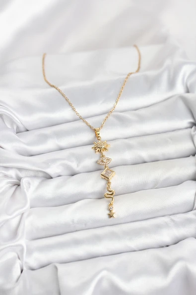 316L Çelik Zincir Gold Renk Güneş ve Enerji Model Kadın Y Kolye - TJ-BKO10668 - Resim 2