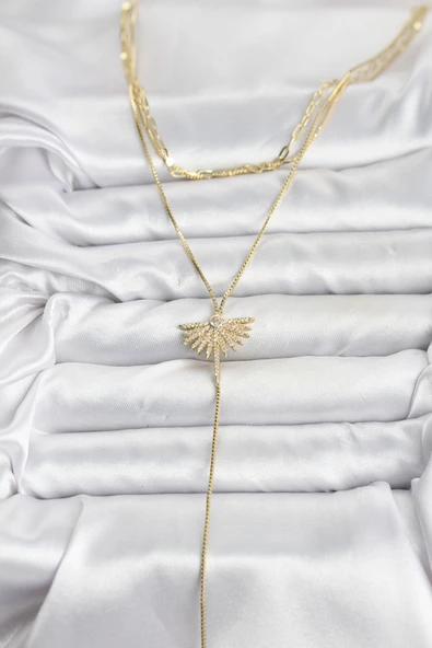 Pirinç Gold Renk Zirkon Taşlı Yelpaze Model Detaylı 3'lü Kombin Y Kadın Kolye - TJ-BKO10695 - Resim 2