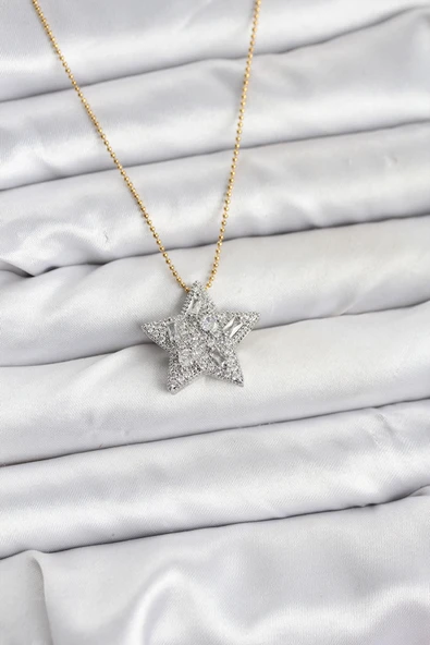 316L Çelik Zincir Gold Renk Zincirli Gümüş Yıldız Model Kadın Kolye - TJ-BKO10680 ürün görseli