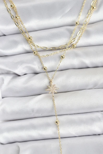 Pirinç Gold Renk Kutup Yıldızı Detaylı 3'lü Kombin Kadın Kolye - TJ-BKO10689 ürün görseli