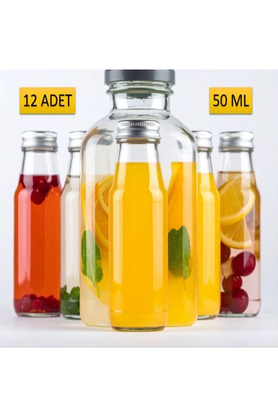 12 ADET - 50 Ml Şeffaf Cam Şişe Gümüş Kapak Limonata şişesi Kolonya Şişesi, Meyve Suyu Şişesi, 50 ML ürün görseli