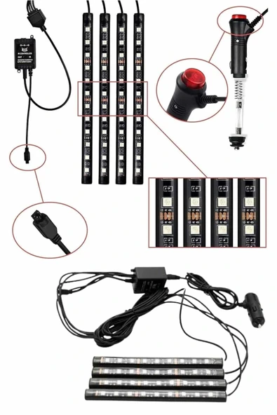 LitaeTrend RGB Işıklı Araç İçi Aydınlatma Kumandalı 12'li Led Işık Renk Değiştirebilen - Resim 3