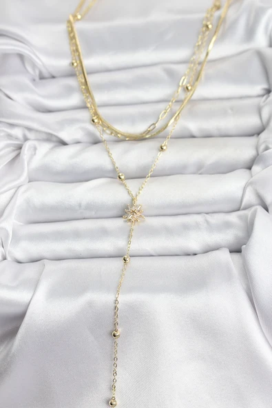 Pirinç Gold Renk Kutup Yıldızı Model Detaylı 3'lü Kombin Y Kadın Kolye - TJ-BKO10694 - Resim 2