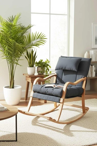 Reyo Paşa Ahşap Sallanan Sandalye, Çıkartılabilir Kılıflı Minderli, Boyun Yastıklı Dinlenme Koltuğu Emzirme Koltuğu Füme ürün görseli 1