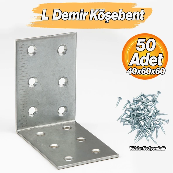 Metal L Demiri 40x60x60 mm Köşebent (50 Adet) Mobilya Dolap Eşya Duvara Sabitleme Bağlantı Aparatı - Resim 2