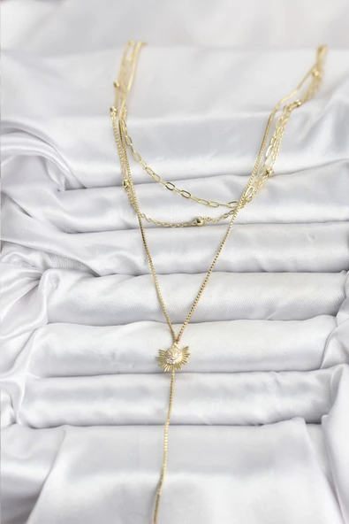 Pirinç Gold Renk Zirkon Taşlı Güneş Model Detaylı 3'lü Kombin Y Kadın Kolye - TJ-BKO10698 - Resim 2