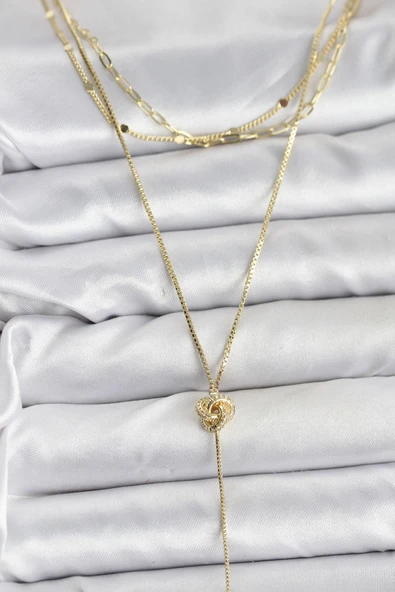 Pirinç Gold Renk Düğüm Model Detaylı 3'lü Kombin Y Kadın Kolye - TJ-BKO10693 ürün görseli