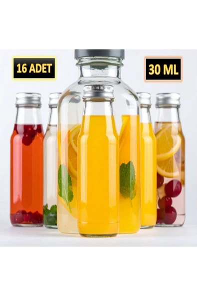 16 ADET - 30 Ml Şeffaf Cam Şişe Gümüş Kapak Limonata şişesi Kolonya Şişesi, Meyve Suyu Şişesi, 30 ML ürün görseli