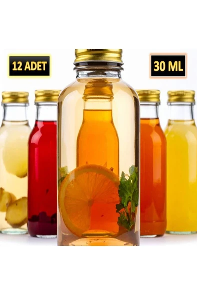 12 ADET - 30 Ml Şeffaf Cam Şişe Gold Kapak Limonata şişesi Kolonya Şişesi, Meyve Suyu Şişesi, 30 ML ürün görseli
