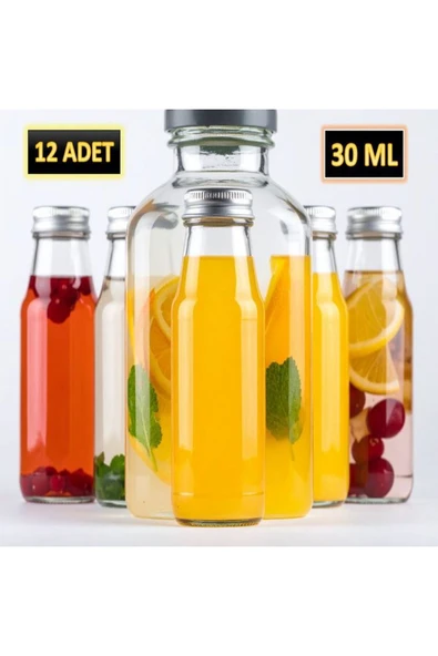 12 ADET - 30 Ml Şeffaf Cam Şişe Gümüş Kapak Limonata şişesi Kolonya Şişesi, Meyve Suyu Şişesi, 30 ML ürün görseli
