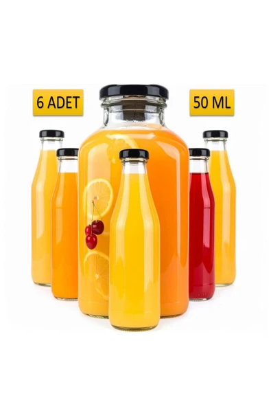 6 ADET - 50 Ml Şeffaf Cam Şişe SİYAH Kapak Limonata şişesi Kolonya Şişesi, Meyve Suyu Şişesi, 50 ML ürün görseli
