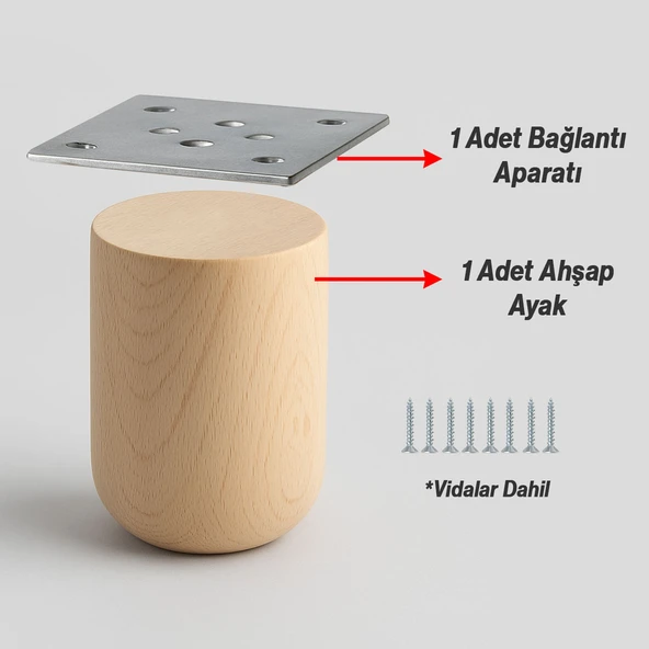 Doğal Ahşap Ayak Boyasız Ham Silindir Mobilya Koltuk Kanepe Ayağı Metal Aparat Dahil Bohem 10 cm - Resim 3