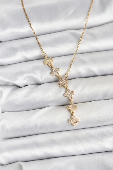 316L Çelik Zincir Gold Renk Yonca Model Kadın Kolye - TJ-BKO10674 ürün görseli