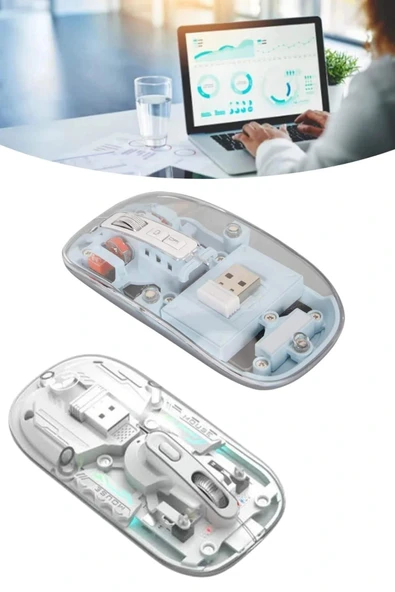 LitaeTrend Sessiz Tıklama Çift Modlu Bluetooth Ve Alıcı Şeffaf Mouse Fare - Resim 3