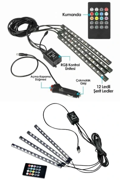 LitaeTrend Araç İçi Ayak Altı Led 12 Led Işık Sese Müziğe Duyarlı RGB Işıklı Aydınlatma Seti - Resim 3