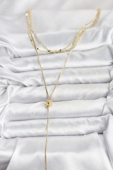 Pirinç Gold Renk Düğüm Model Detaylı 3'lü Kombin Y Kadın Kolye - TJ-BKO10693 - Resim 2