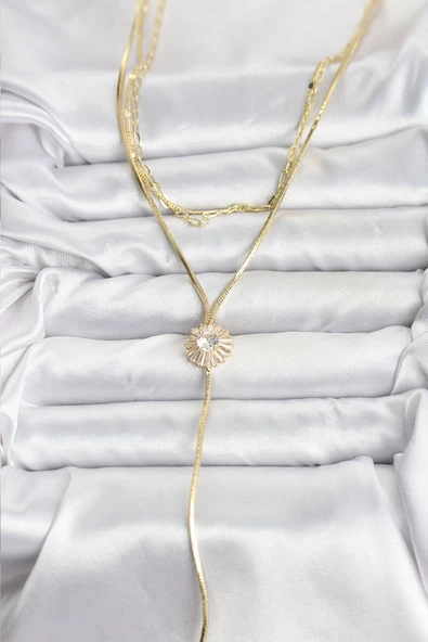 Pirinç Gold Renk Zirkon Taşlı Papatya Model Detaylı 3'lü Kombin Y Kadın Kolye - TJ-BKO10696 - Resim 2