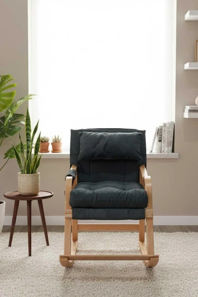 Reyo Paşa Ahşap Sallanan Sandalye, Çıkartılabilir Kılıflı Minderli, Boyun Yastıklı Dinlenme Koltuğu Emzirme Koltuğu Füme - Resim 4