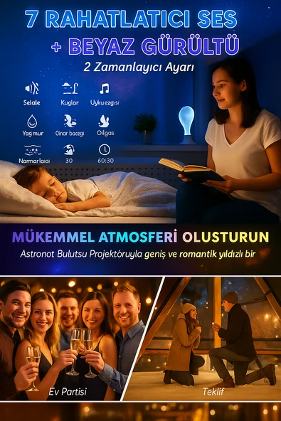 Astronot Tasarımlı Galaxy Projektör  Bluetooth Hoparlörlü Yıldızlı Gece Lambası - Resim 6