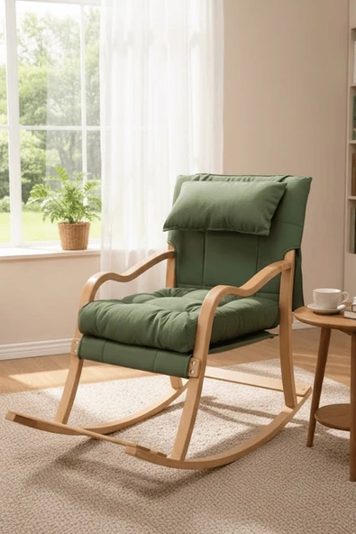 Reyo Paşa Ahşap Sallanan Sandalye Fermuarlı Kılıf, Boyun Yastıklı Dinlenme Koltuğu Yeşil ürün görseli 1