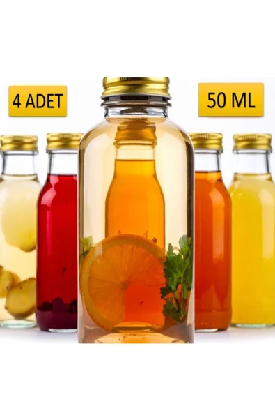 4 ADET - 50 Ml Şeffaf Cam Şişe GOLD Kapak Limonata şişesi Kolonya Şişesi, Meyve Suyu Şişesi, 50 ML ürün görseli